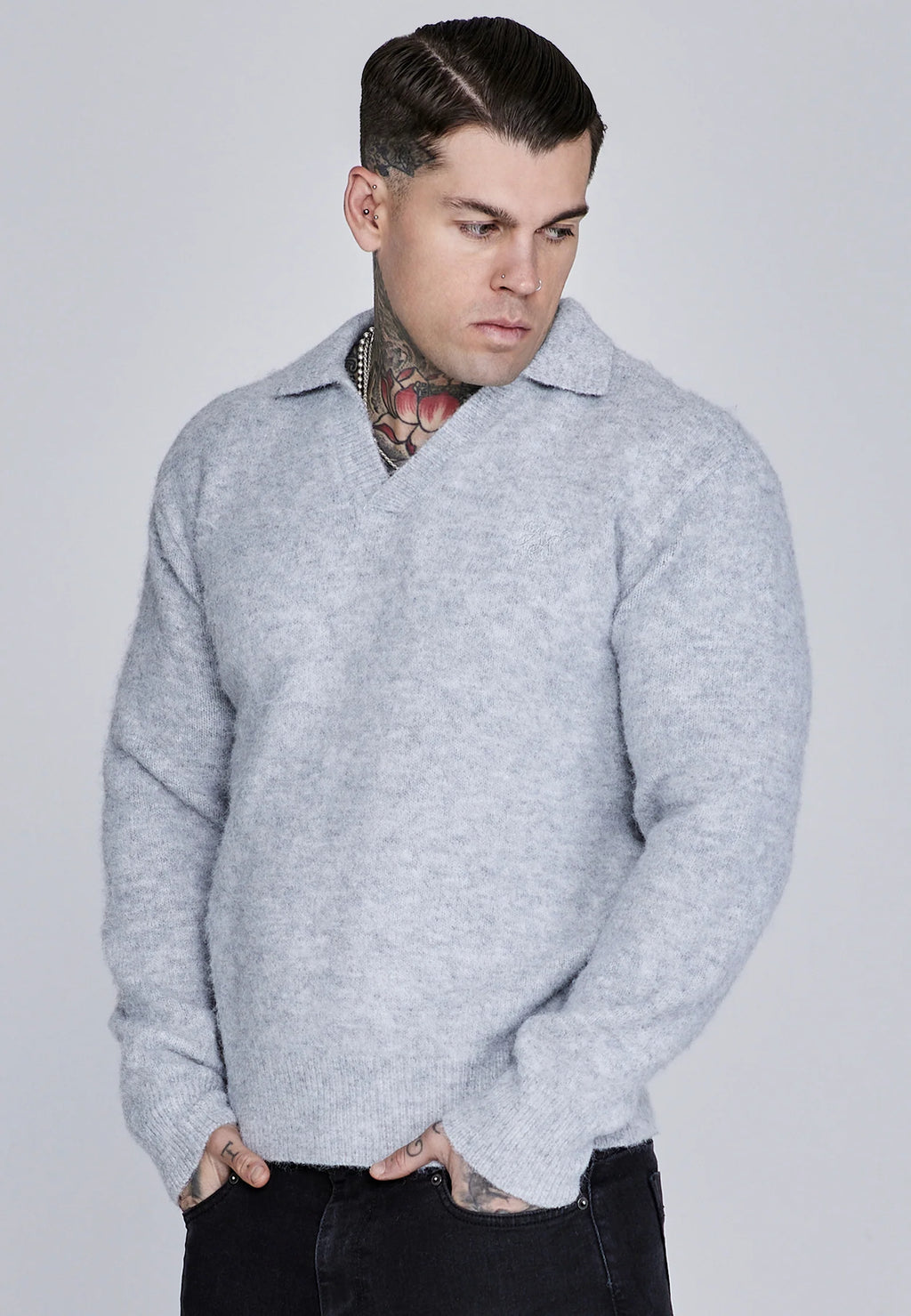 Grey Marl Knitted Polo Sweater
