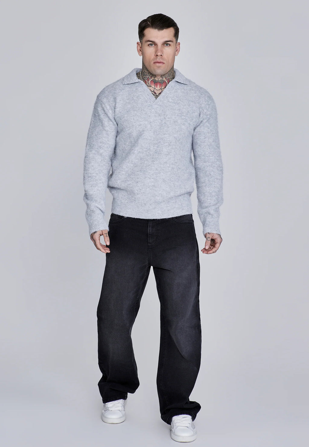 Grey Marl Knitted Polo Sweater