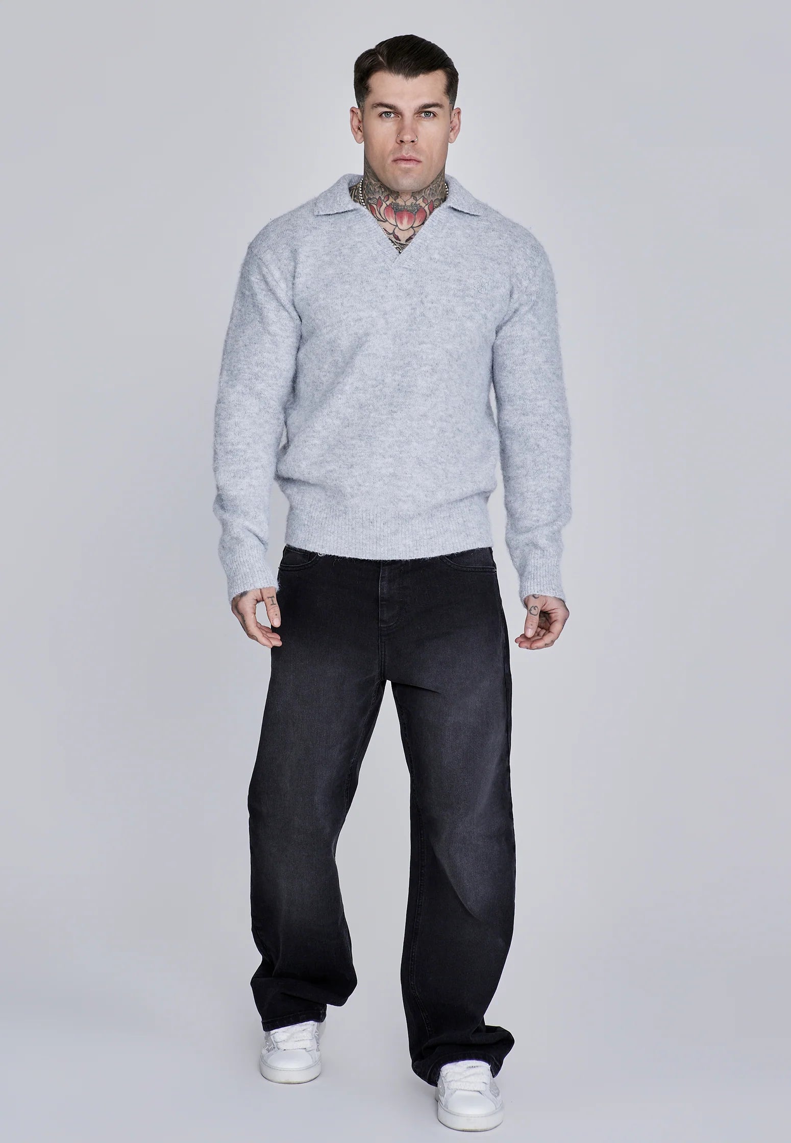 Grey Marl Knitted Polo Sweater